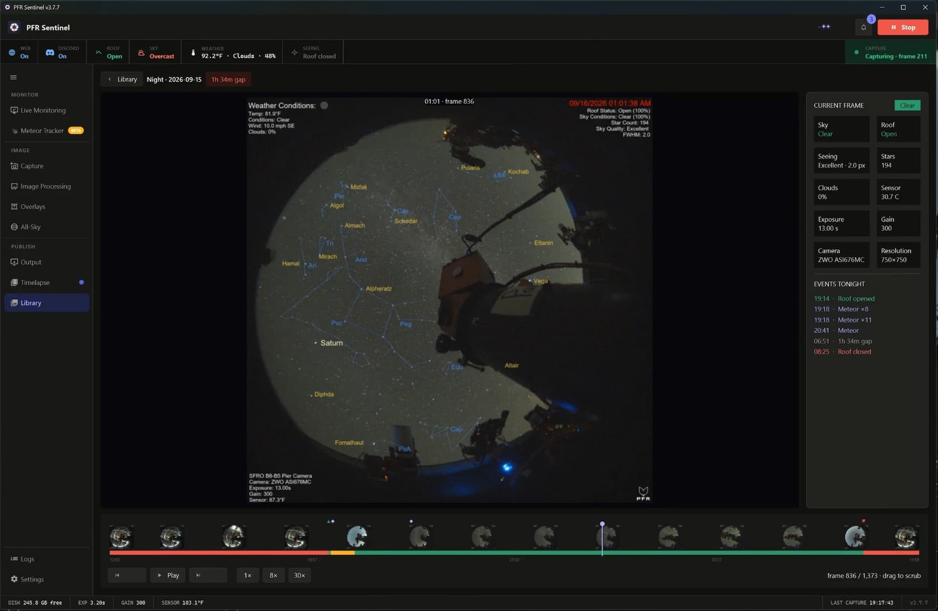 PFR Sentinel Library page: an all-sky frame with constellation overlay, a night scrubber and an events list